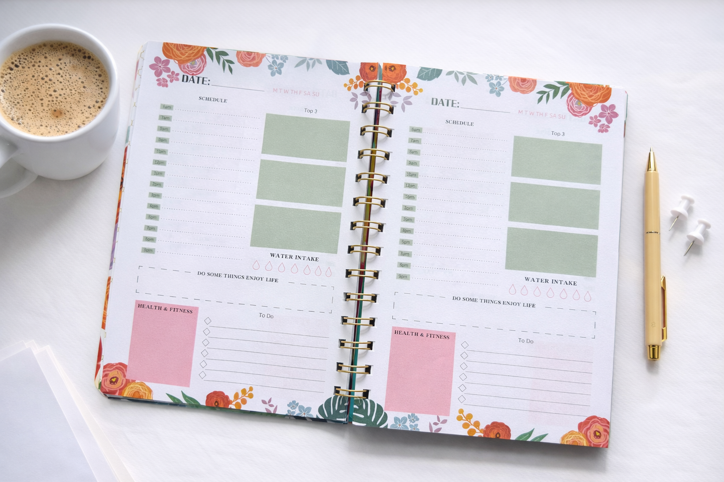 Daily Planner - 52-Week Floral Spiral Notebook (A5) Undated
