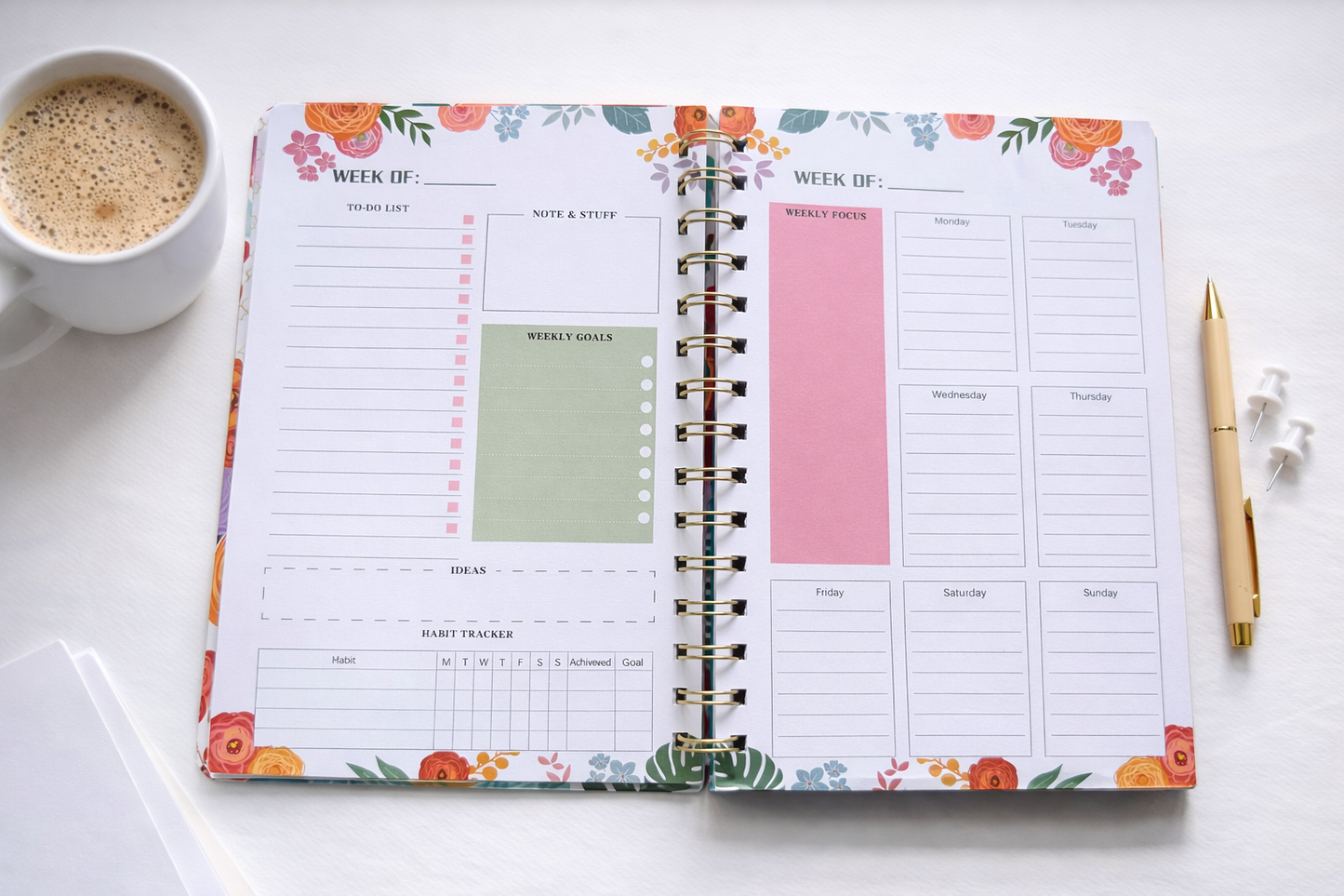 Weekly Planner - 52-Week Floral Spiral Notebook (A5) Undated