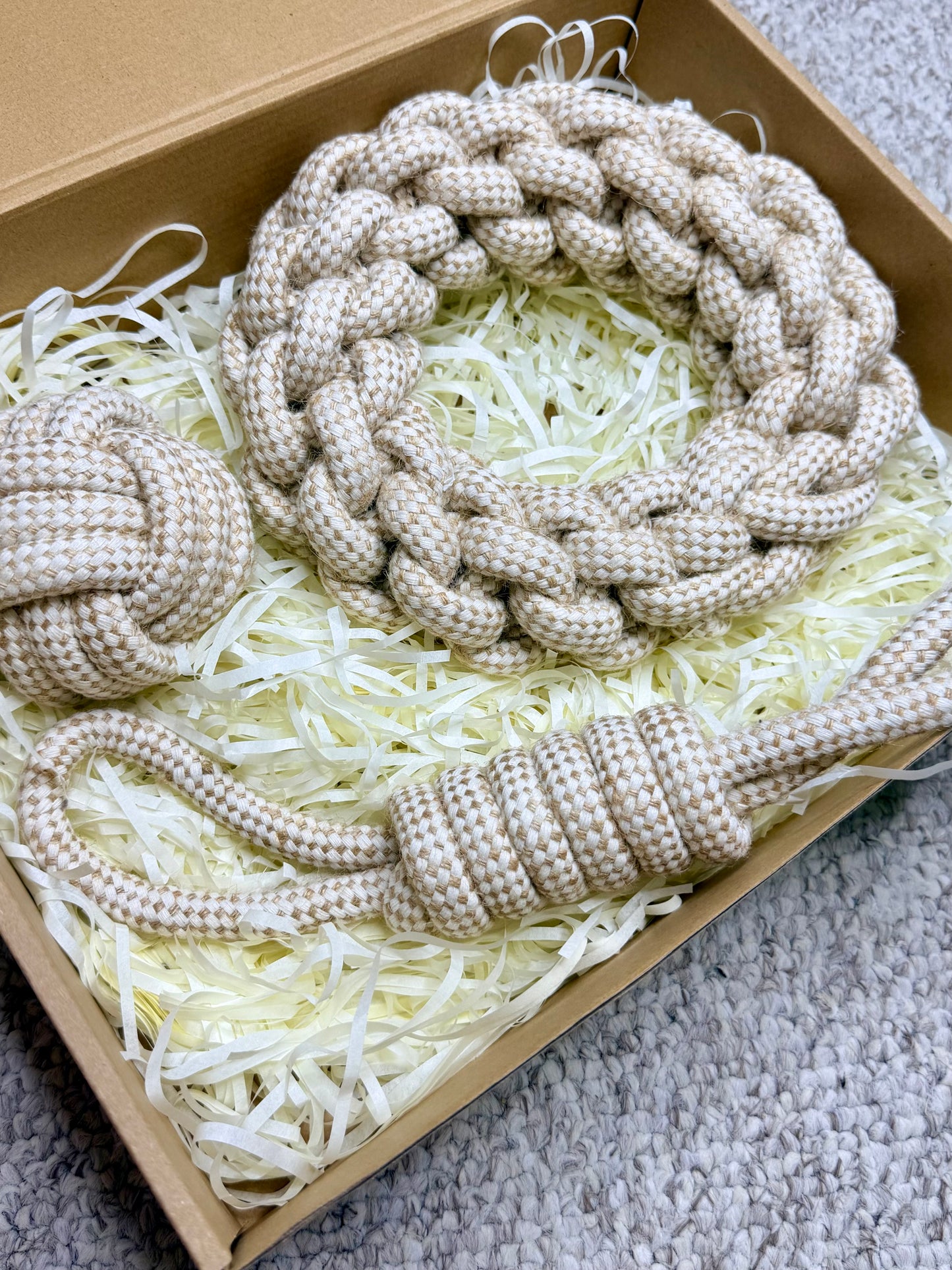 Natural Cotton Rope Dog Toy Set 1 - Ball, Braided Ring & Tug with Loop