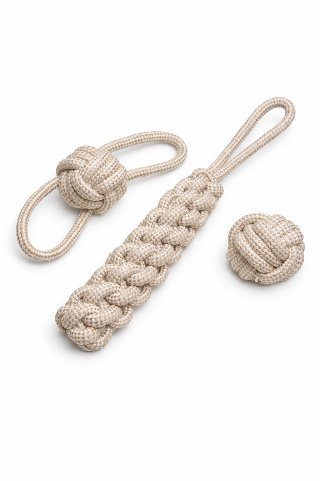 Natural Cotton Rope Dog Toy Set 3 - Knotted Ball, Braided Ring & Rope Tug with Loop