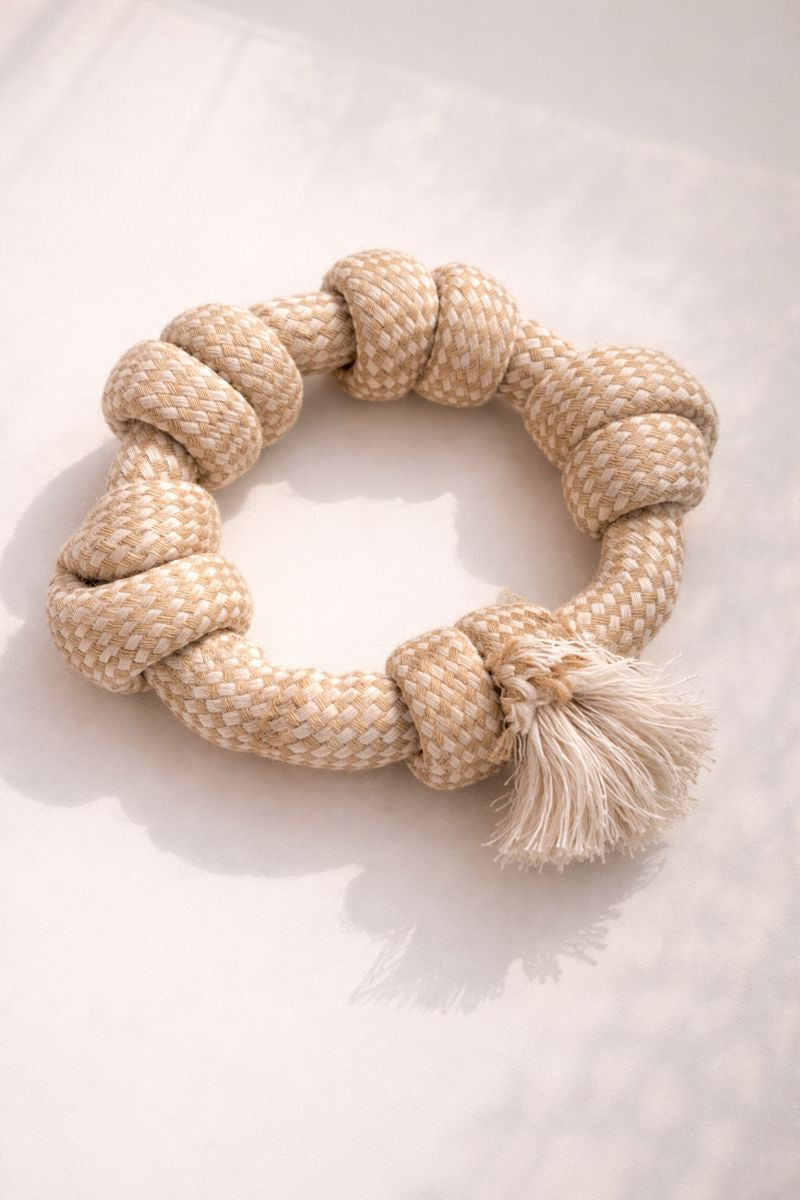 Natural Cotton Rope Dog Toy Set 4 – Long Knotted Tug & Monkey-Fist Ball Tug with Loop