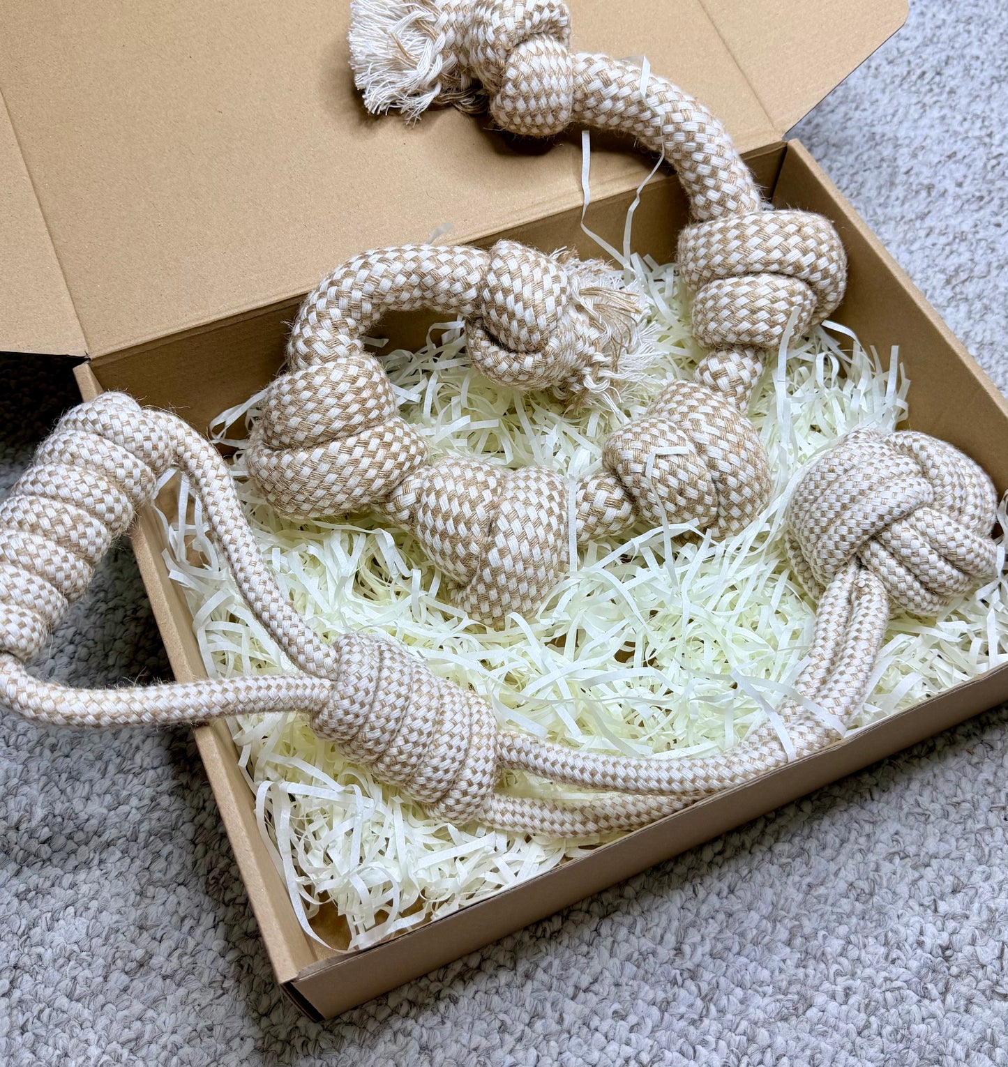 Natural Cotton Rope Dog Toy Set 4 – Long Knotted Tug & Monkey-Fist Ball Tug with Loop