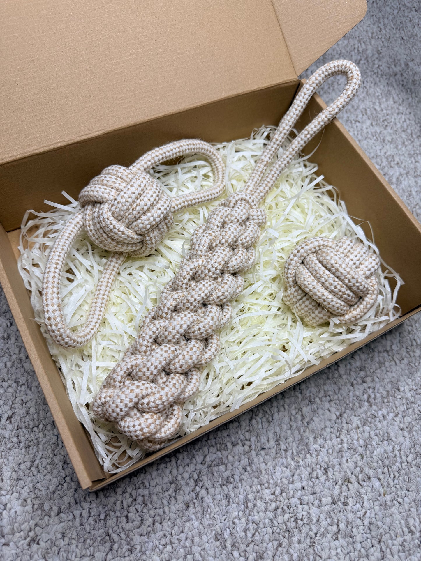 Natural Cotton Rope Dog Toy Set 3 - Knotted Ball, Braided Ring & Rope Tug with Loop
