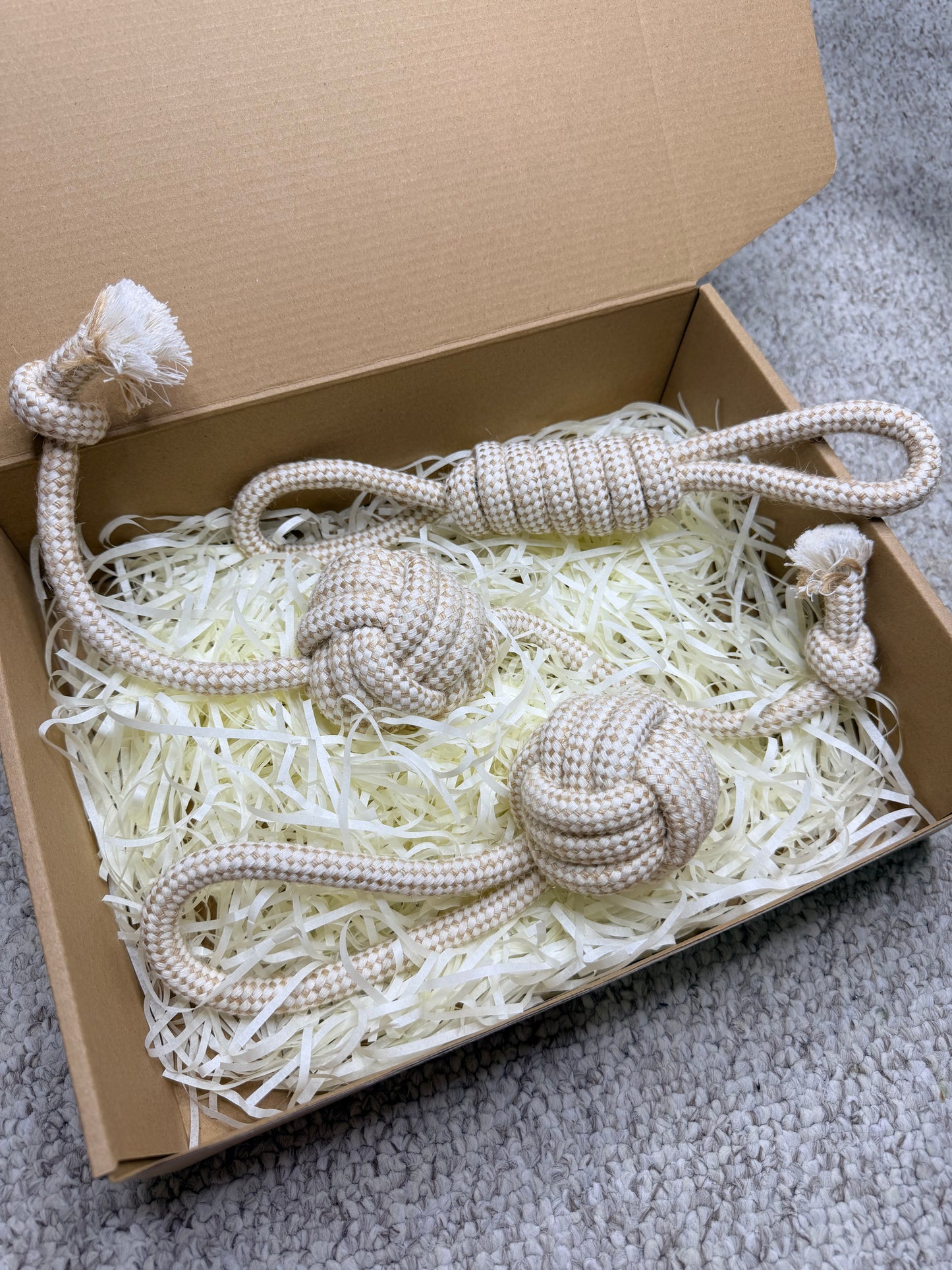 Natural Cotton Rope Dog Toy Set 2 - Knotted Ball, Braided Ring & Wrapped Tug with Loop