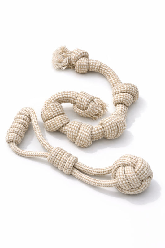 Natural Cotton Rope Dog Toy Set 4 – Long Knotted Tug & Monkey-Fist Ball Tug with Loop