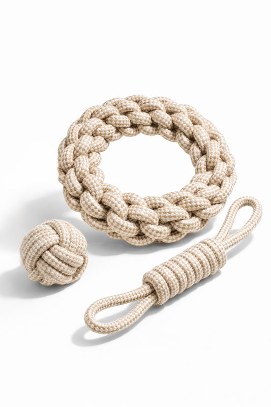 Natural Cotton Rope Dog Toy Set 1 - Ball, Braided Ring & Tug with Loop